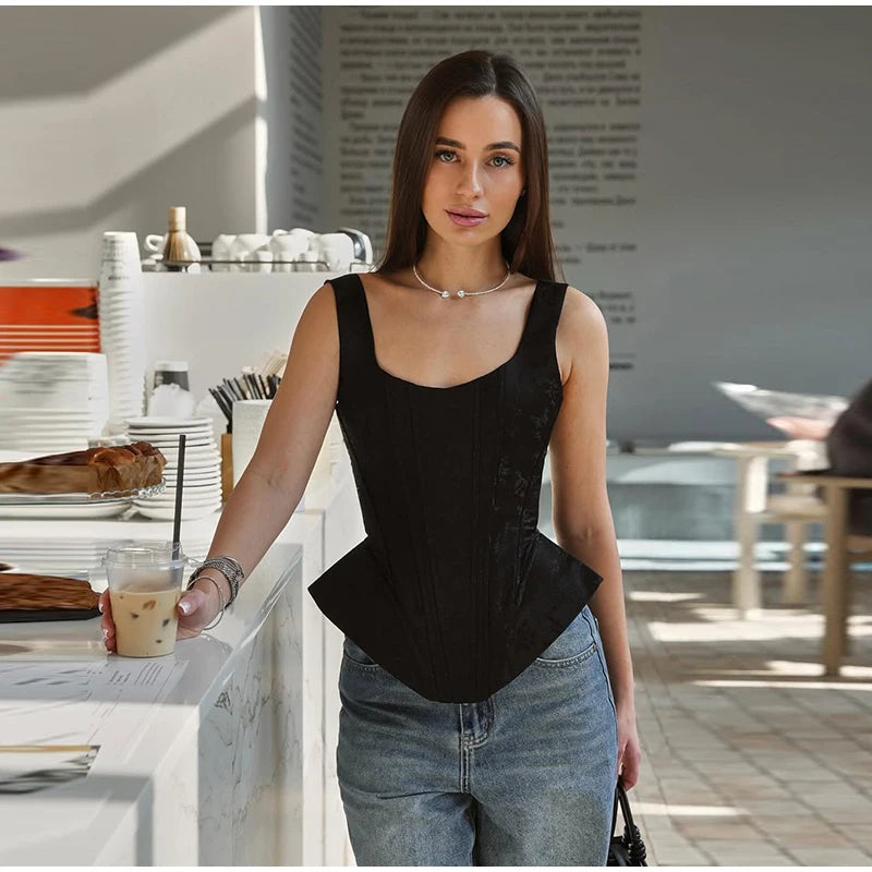 Waist Cinched Jacquard Fishbone Corset Top For Women