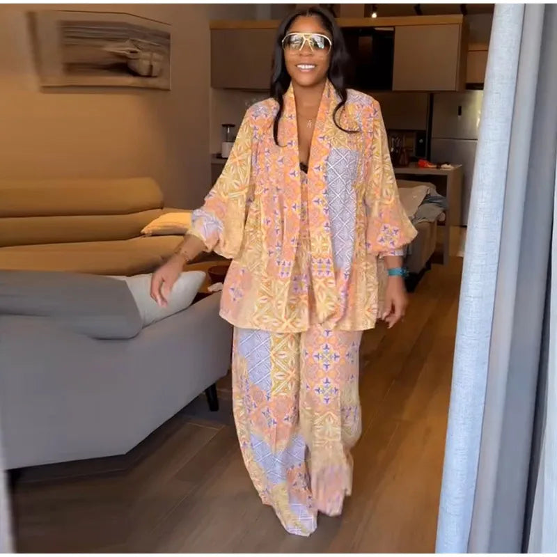 Casual Print Long Sleeve V-Neck Top Wide-Leg Trousers Two-Piece Set for Women