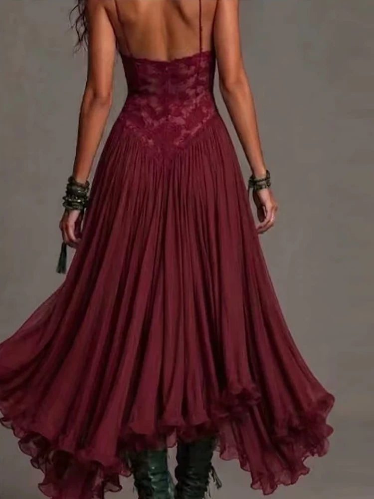 Backless V Neck Spaghetti Strap Maxi Dress for Women