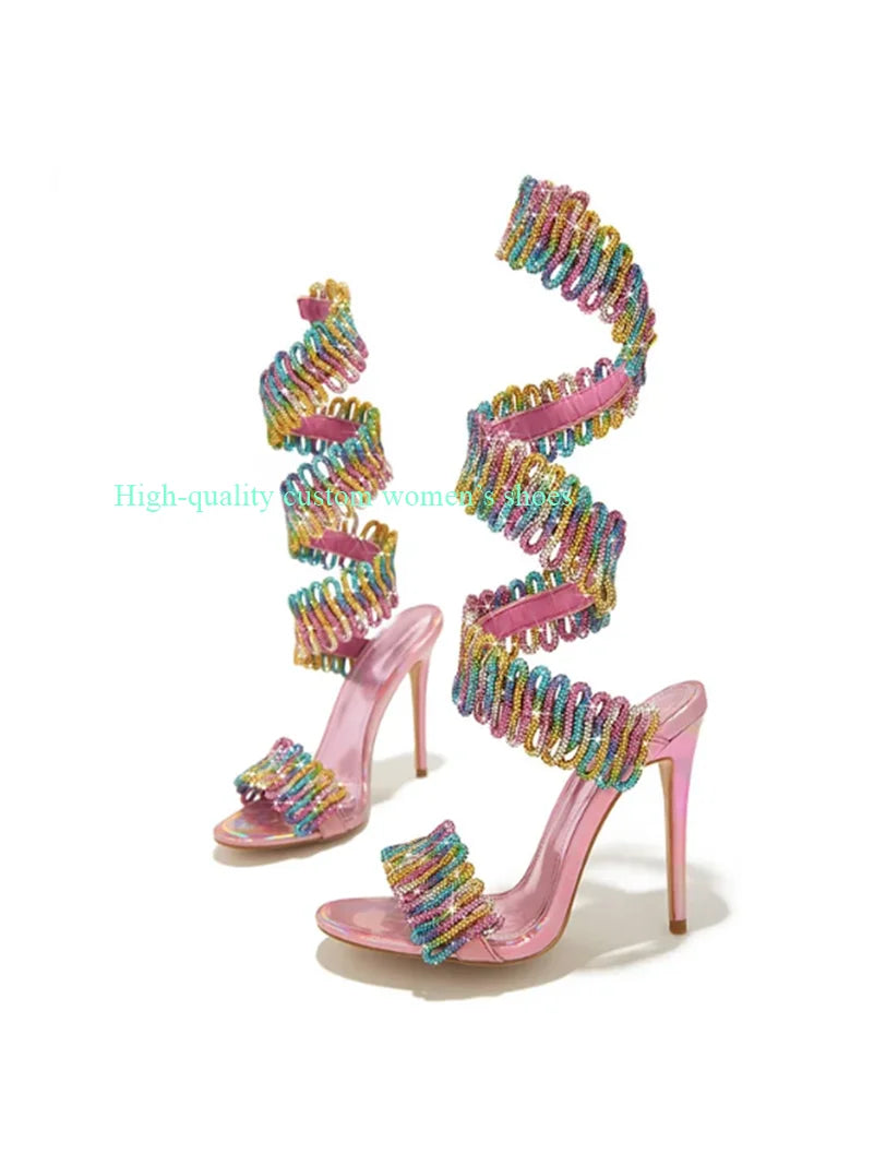 Rainbow Color Blocked Ankle Serpentine Pink Sandals for Women