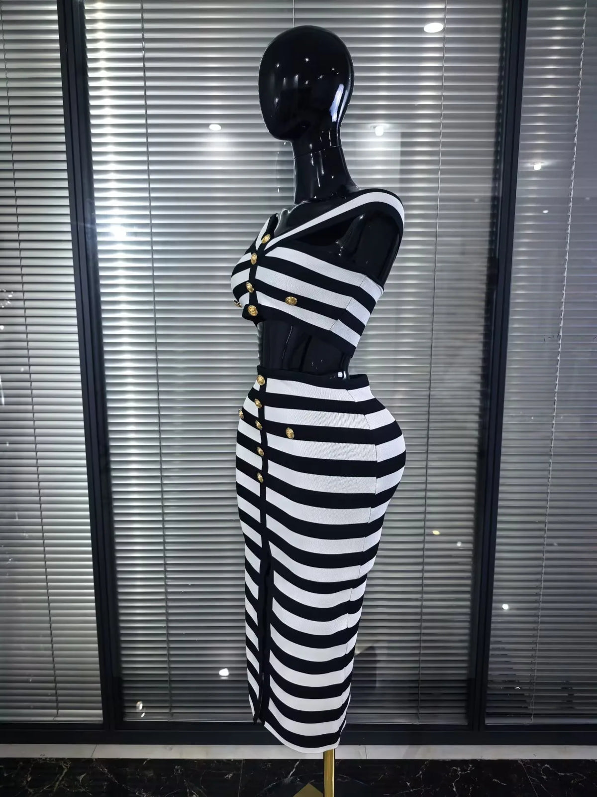 High Quality Women Sexy Slash Neck Striped 2 Pieces Bodycon Midi Bandage Dress Nightclub Party Celebrate Evening Clothing