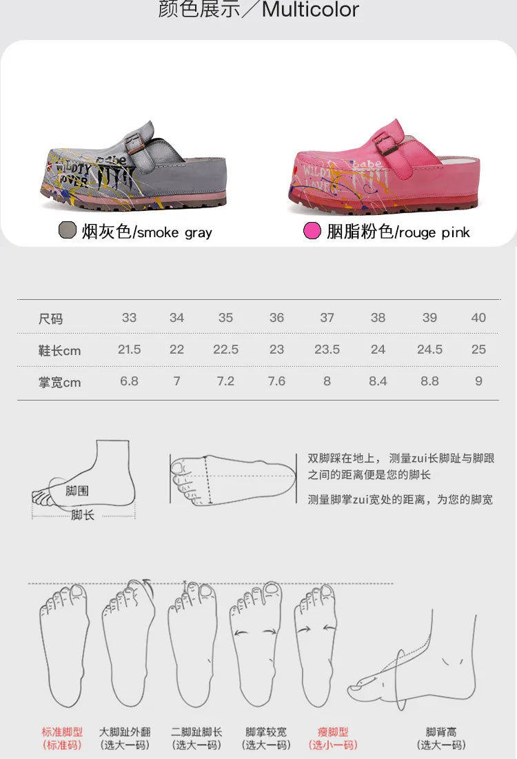 Hand Drawn Leather Platform Slippers with Round Toe for Women