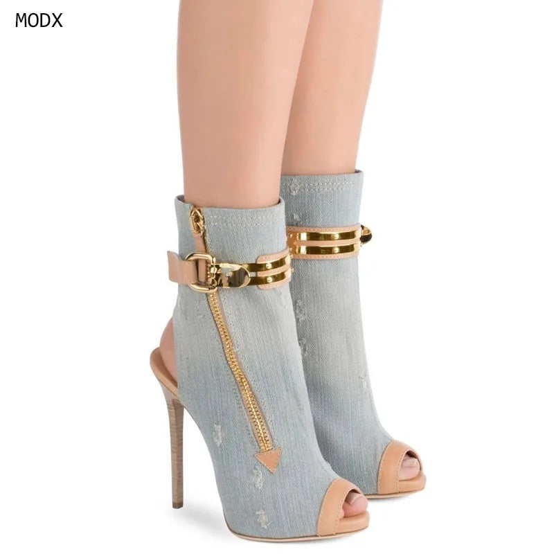 Distressed Denim Open Toe Stiletto Heel Ankle Boots With Gold Buckle for Women