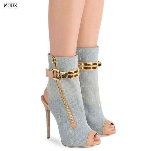 Distressed Denim Ankle Boots Gold