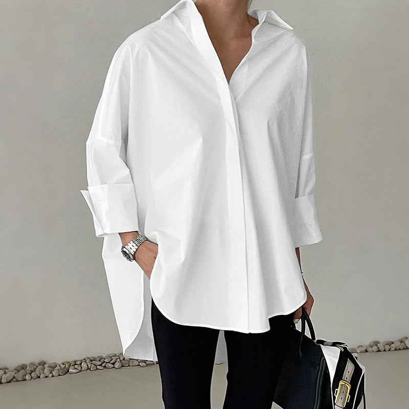 Oversized White Long Sleeve Button Up Blouse for Women