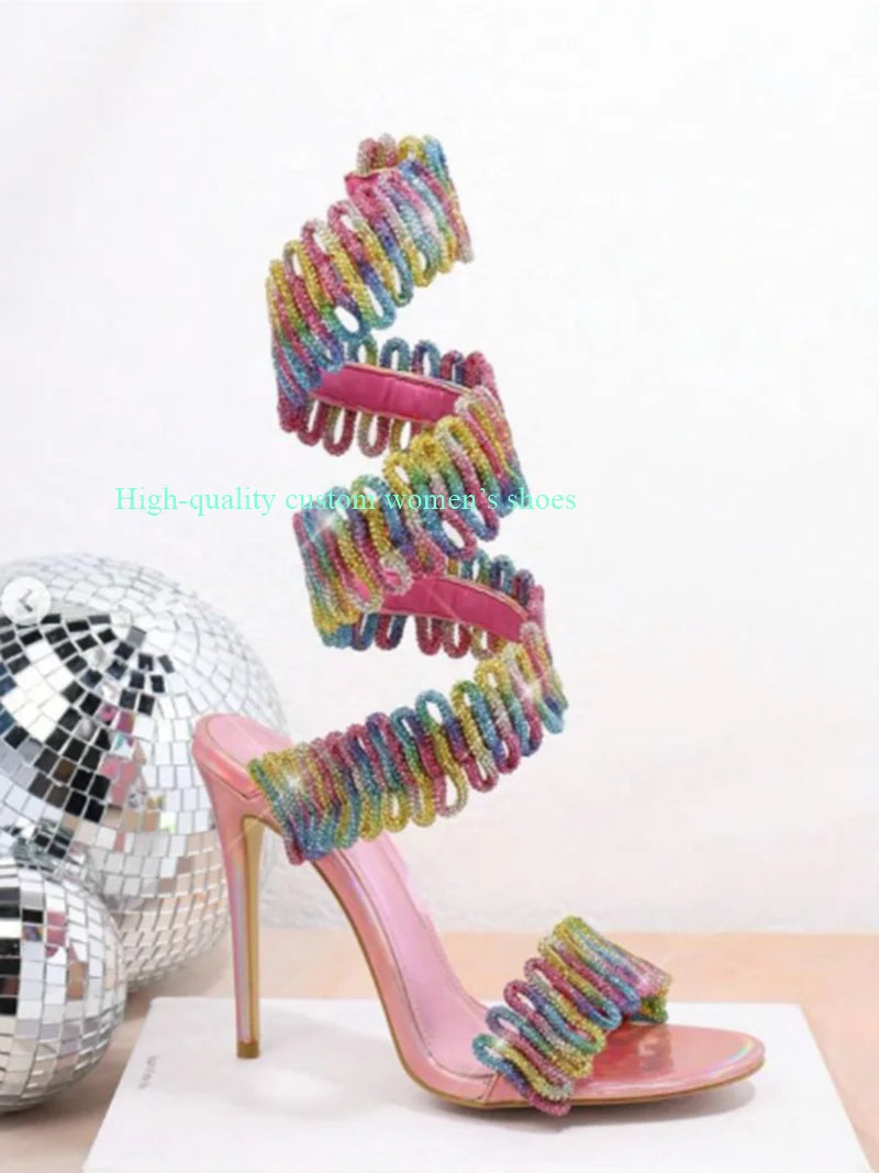 Rainbow Color Blocked Ankle Serpentine Pink Sandals for Women