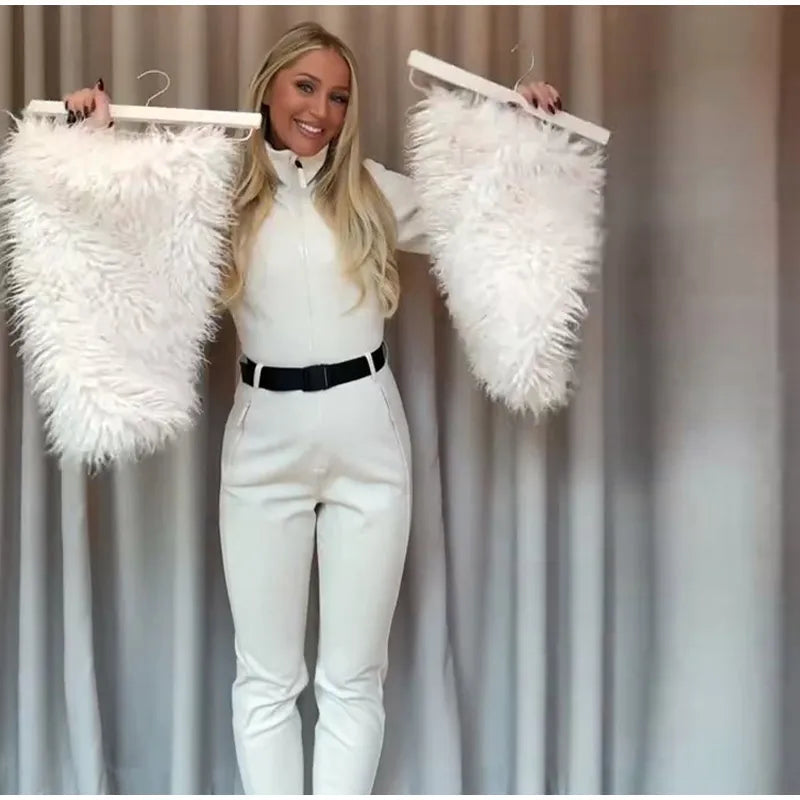 Women's Jumpsuit Loose Stand Collar Thicken Jackets Pants Sets Belt 2 Pieces Female Winter Woman Snowsuit Outfits For Outdoor