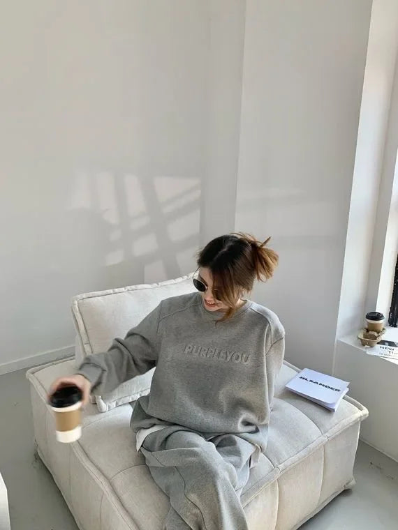 Thick Tracksuit Women Two Pieces Set Sweatshirts Pullover Hoodies Pockets Pants Suit Trousers Sports Matching Sets Autumn Spring