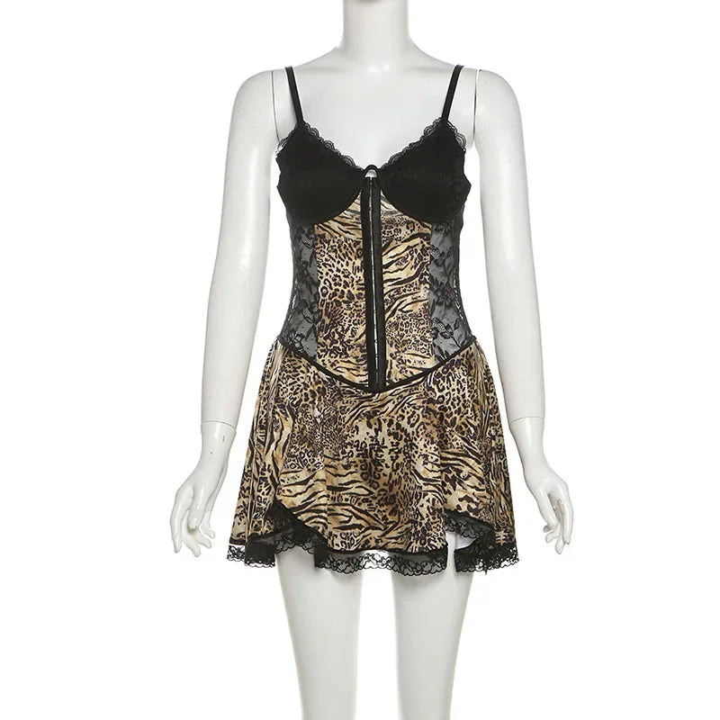 Sexy Skirt Women Product Backless Slim Fit Perspective Lace Leopard Print Patchwork Suspender Short Dresses 2025 Autumn Winter