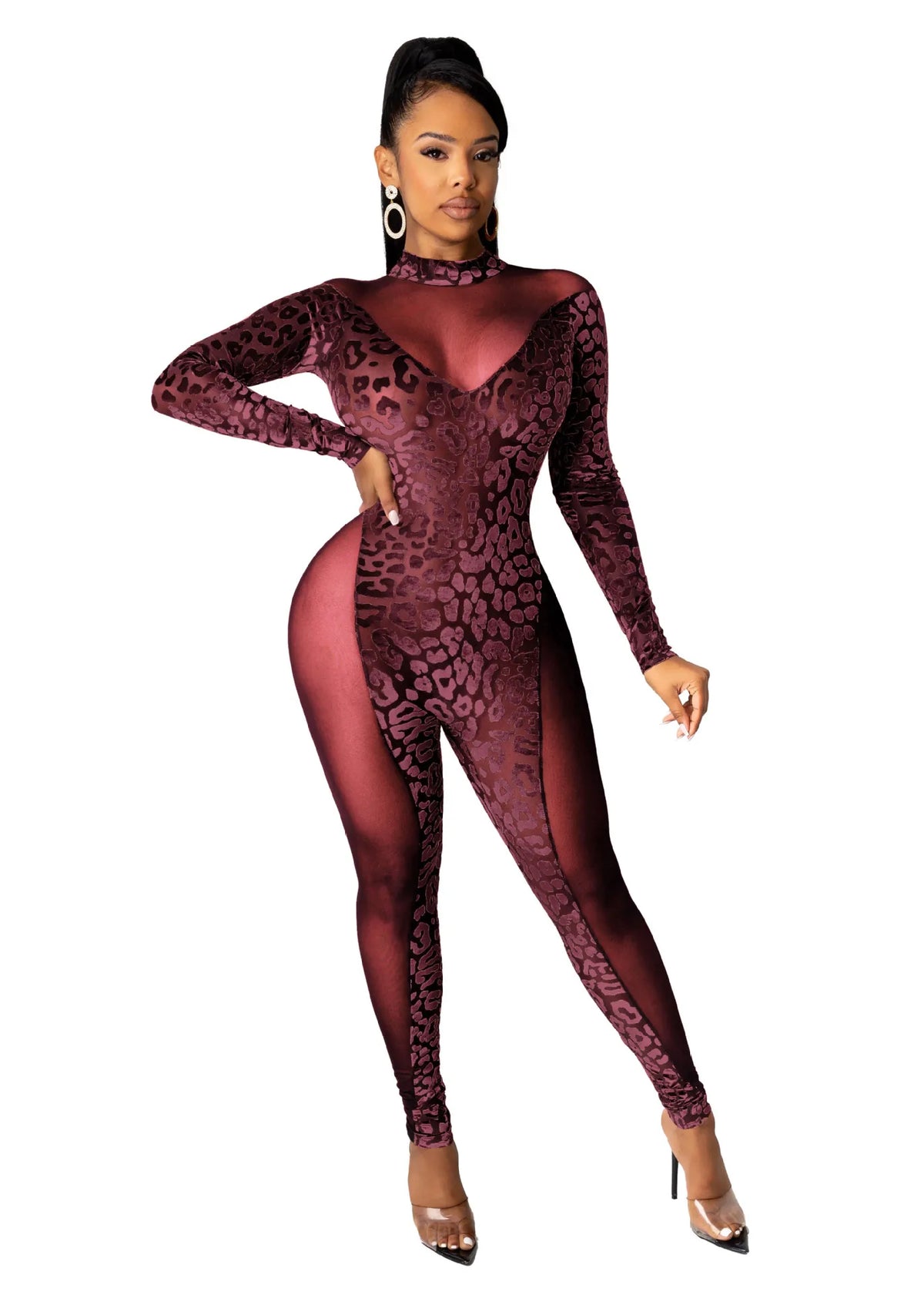 Sheer Leopard Mesh Jumpsuit With Long Sleeves for Women