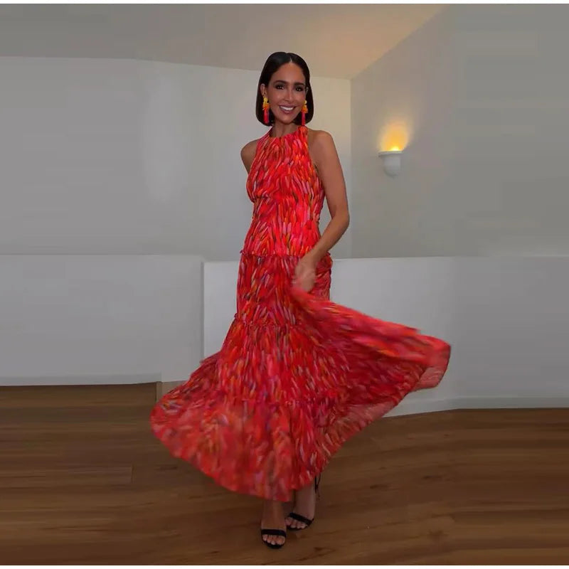 Printed Halter Neck Maxi Dress and Cropped Jacket Set for Women