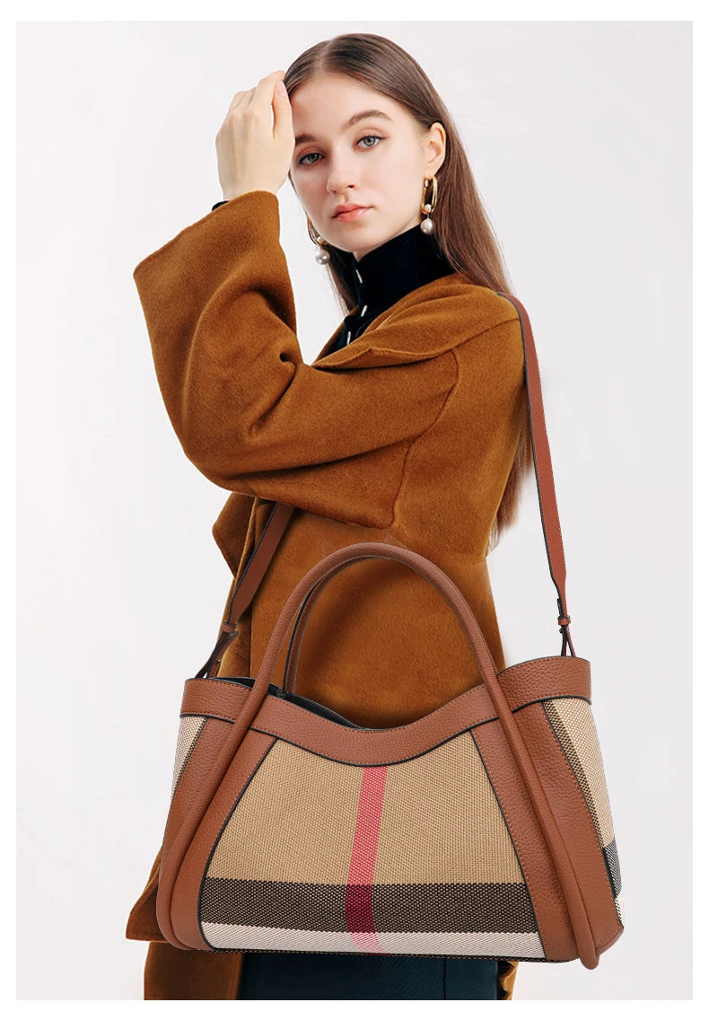 Retro Checkered Large Capacity Canvas And Leather Handbag for Women