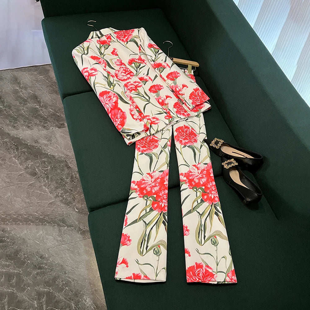 TWOTWINSTYLE Vintage Printing Two Piece Sets For Women Laple Long Sleeve Top High Waist Pants Elegant Set Female New KSE537136