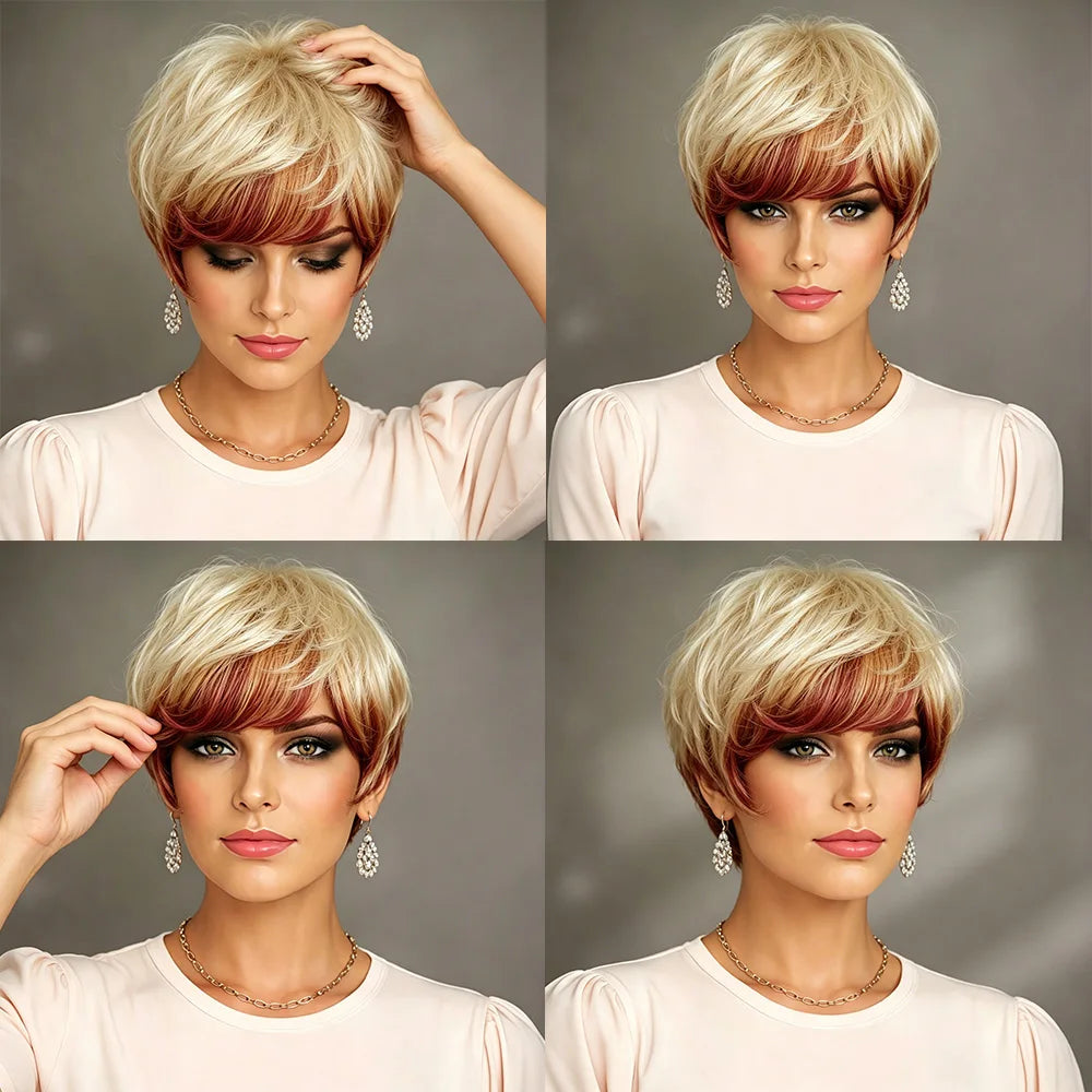 Ombre Blonde Burgundy Layered Human Hair Wig With Bangs for Women