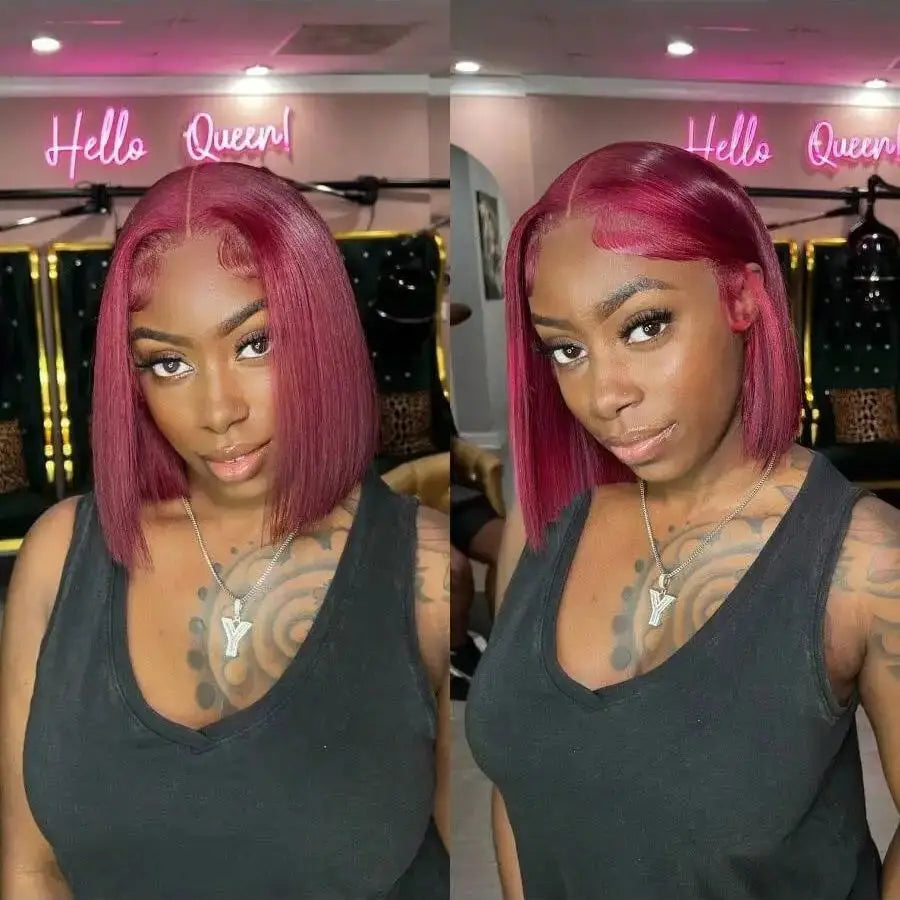 Elegant Burgundy Straight Lace Front Human Hair Bob Wig for Women