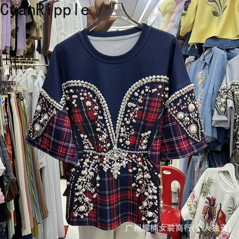 Colorblock Plaid Short Sleeve Female T-shirt Luxury Beading Round Neck Pullover Top All-match Spring Summer Women Casual Tees