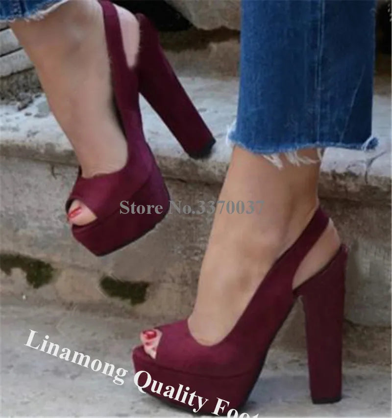 Purple Suede Chunky Heel Platform Peep Toe Pumps for Women
