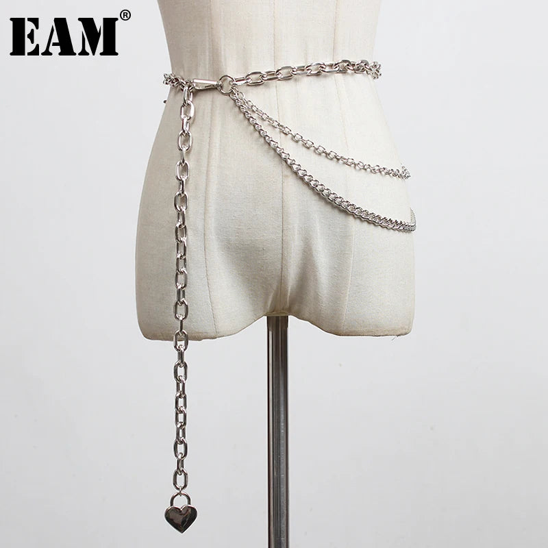 [EAM] Silver Color Metal Chain Long Irregular Belt Personality Women New Fashion Tide All-match Spring Autumn 2025 1DH8768