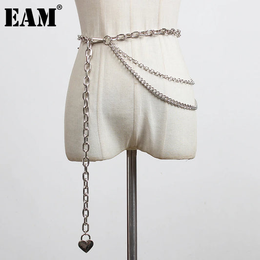 [EAM] Silver Color Metal Chain Long Irregular Belt Personality Women New Fashion Tide All-match Spring Autumn 2025 1DH8768
