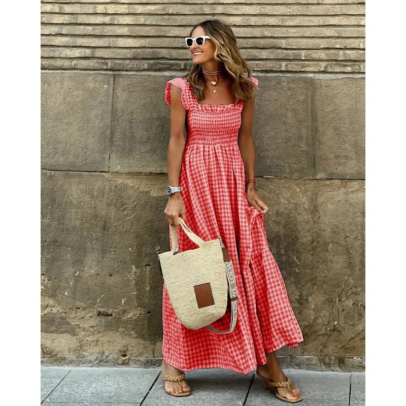 Flowy Plaid Backless Maxi Dress with Elastic Waist for Women