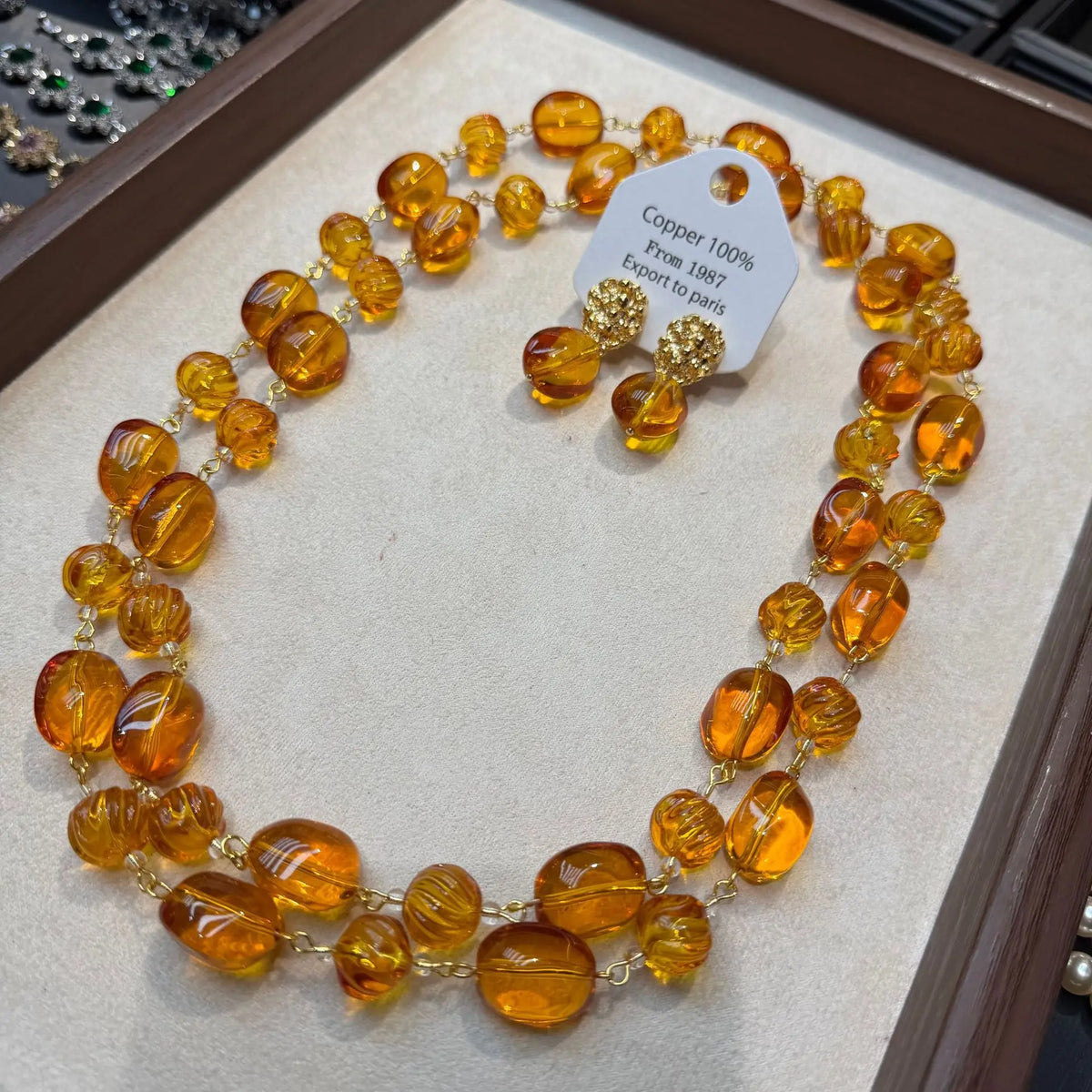 Vintage Amber Beaded Necklace and Earring Set for Women