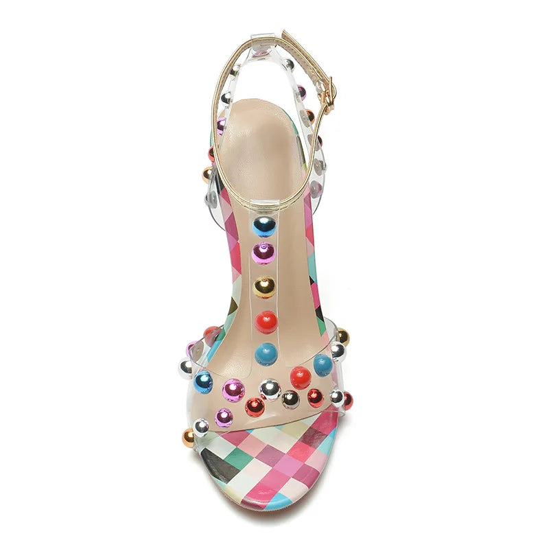 Studded Transparent T-Strap Stiletto Sandals for Women