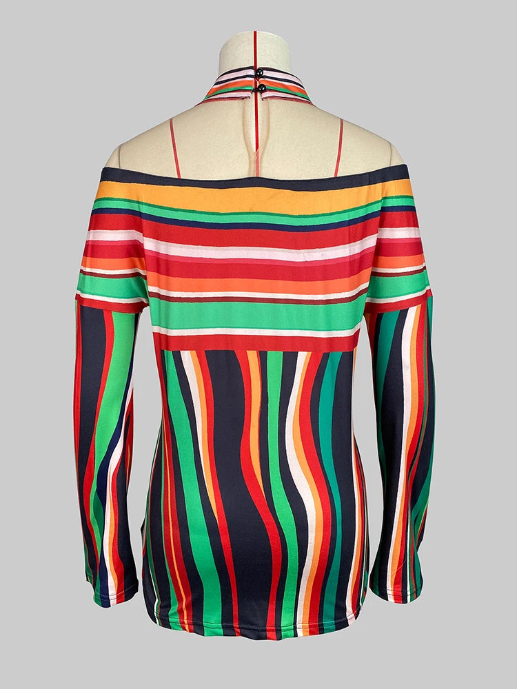 Beautyblue Summer Clothes Camouflage Clothes Women Striped T-Shirts Wave Button Halter-Neck Loose Fashion Sleeves Female Tops
