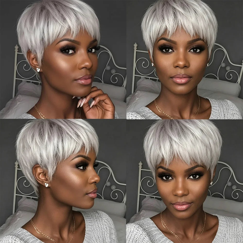 Silver Gray Textured Pixie Human Hair Wig for Women
