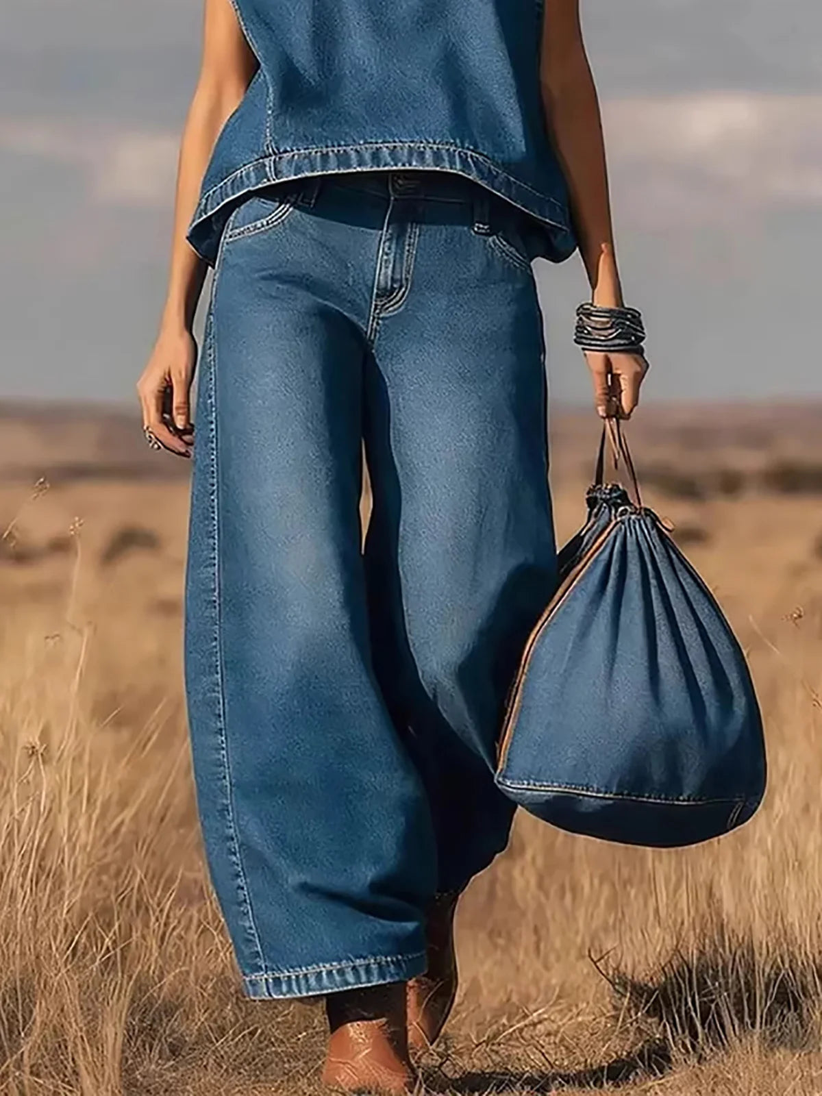 Vintage Sleeveless Denim Two Piece Casual Set For Women