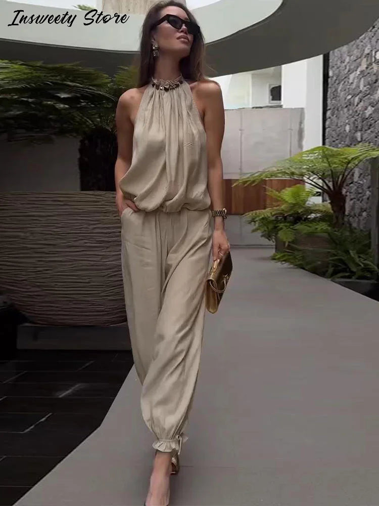 Beaded Halter Top And Lantern Pants Two Piece Set for Women