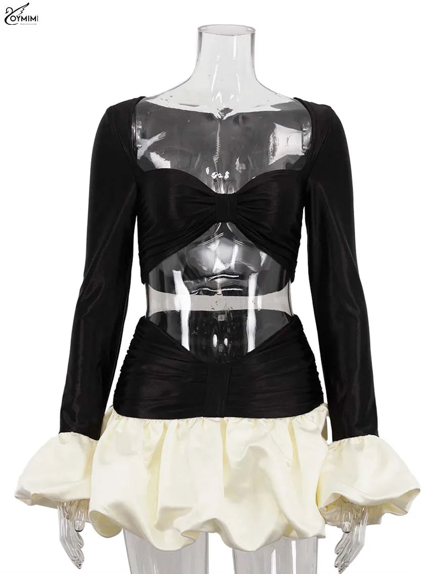 Oymimi Fashion Black Satin 2 Piece Sets Woman Outfits Elegant Long Sleeve Patchwork Zipper Crop Tops And Pleated Mini Skirts Set