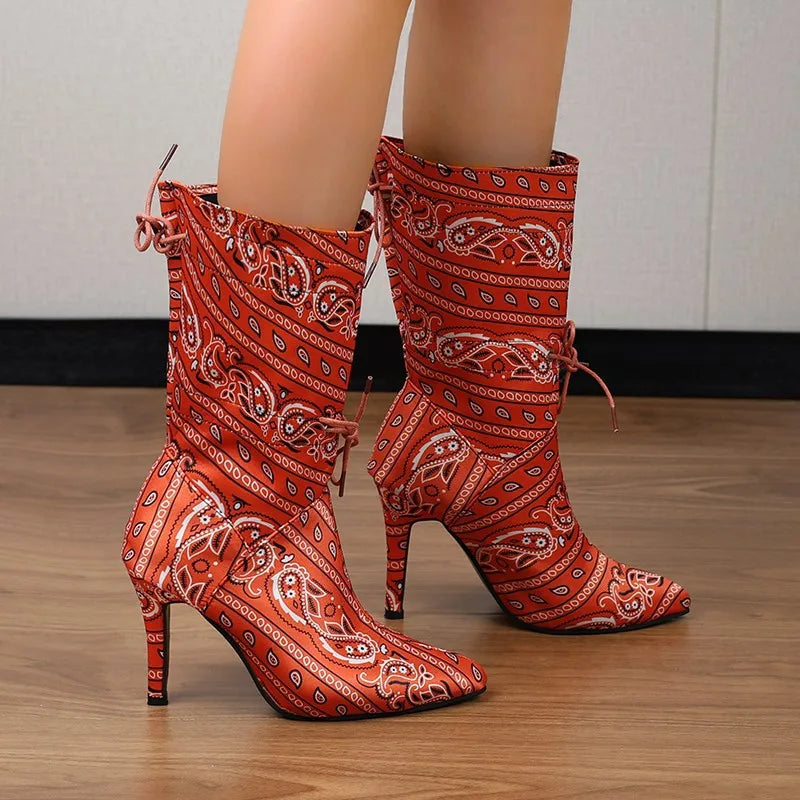 Camouflage Pointed Toe High Heel Mid-Calf Boots for Women