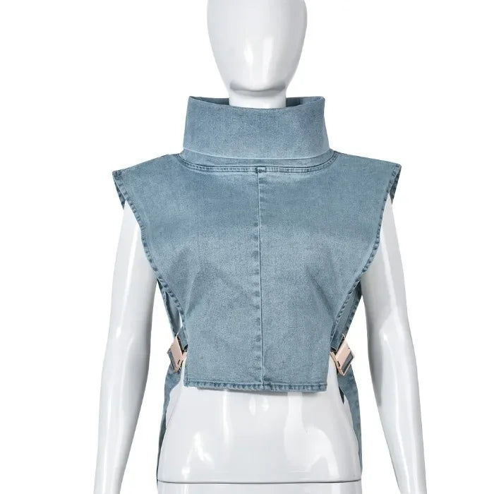 Elegant Tank Tops for Women Streetwear Summer 2025 New Cowboy Pile Collar Pullover Sleeveless Workwear High Waist Short Vest