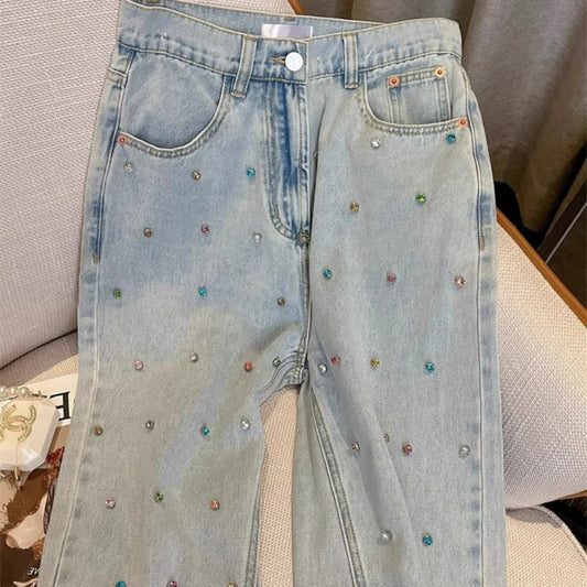 Women Diamonds Denim Pant Korean Fashion High Street Straight Ankle-Length Jeans Spring Autumn All-Match Office Lady Long Pants