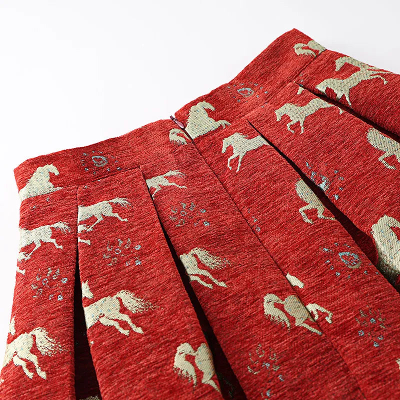 High Quality New Year Red Autumn Winter Vintage Jacquard Mid-long Women A-line Skirt Elegant High Waist Lady Casual Puff Skirts
