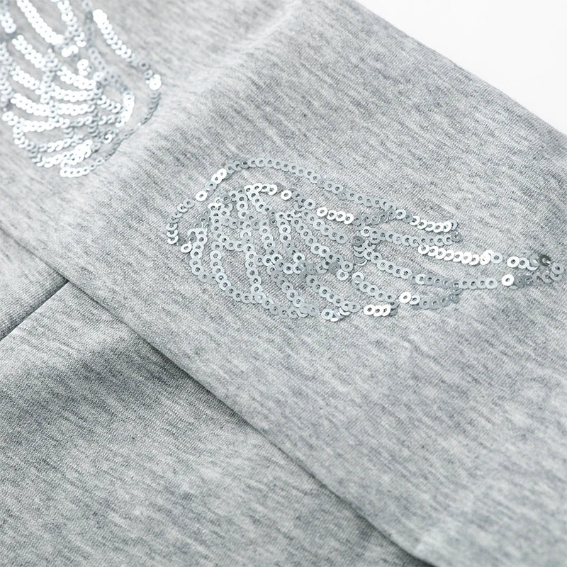 Sequin Wing Design Hooded Sweatshirt Pants Set For Women