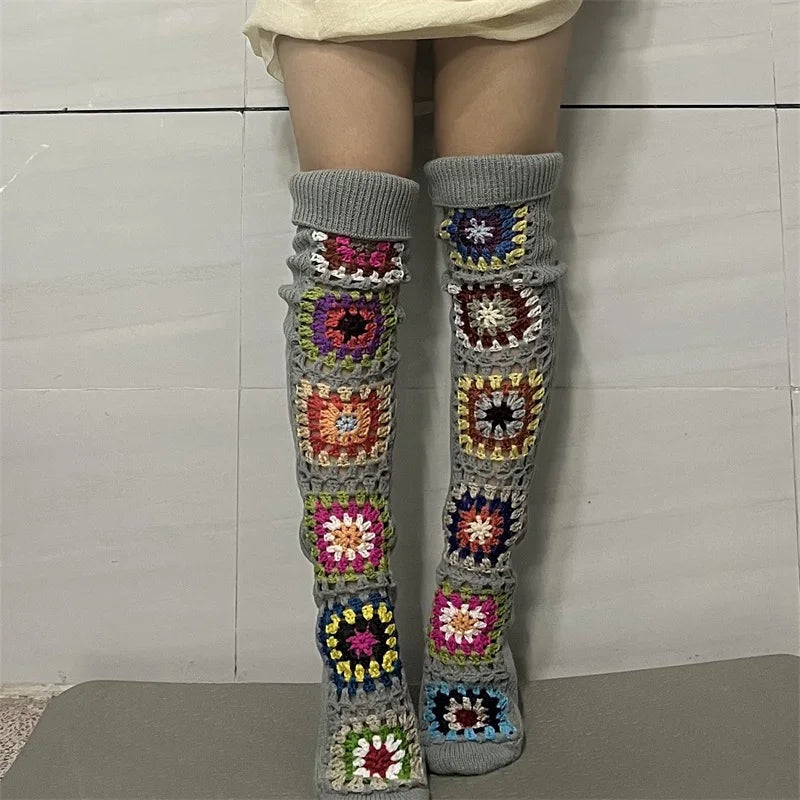 Ethnic Crochet Knit Autumn Winter Thigh High Socks for Women