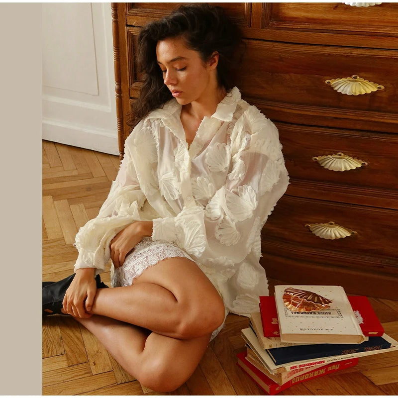 Elegant 3D Flower Lapel Long Sleeve Shirt for Women