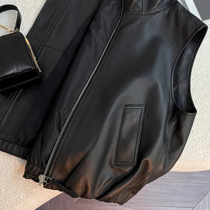 Elegant Lightweight Hooded Faux Leather Vest for Women