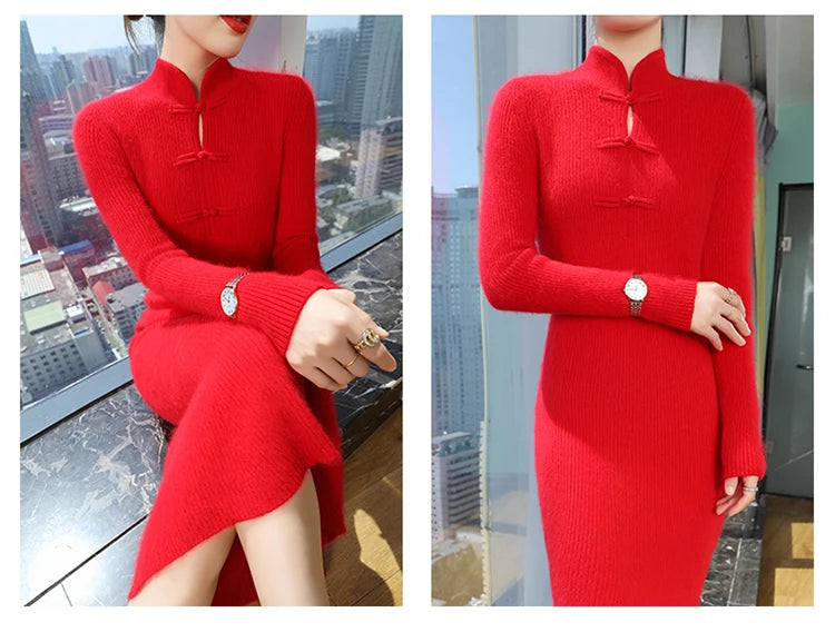 Stand Collar Ankle Length Fishtail Knit Dress for Women