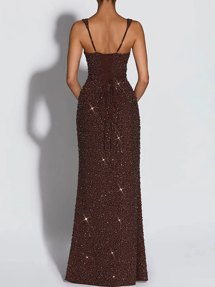 Elegant Sequined Backless Sleeveless Maxi Party Dress for Women