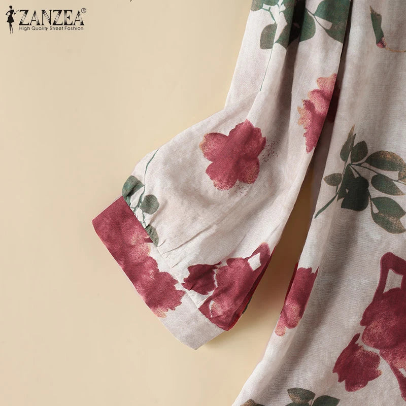 2024 Autumn 3/4 Puff Sleeve Tees ZANZEA Women Round Neck Tops Vintage Ethnic Style T Shirt Holiday Floral Printed Smock Blouse