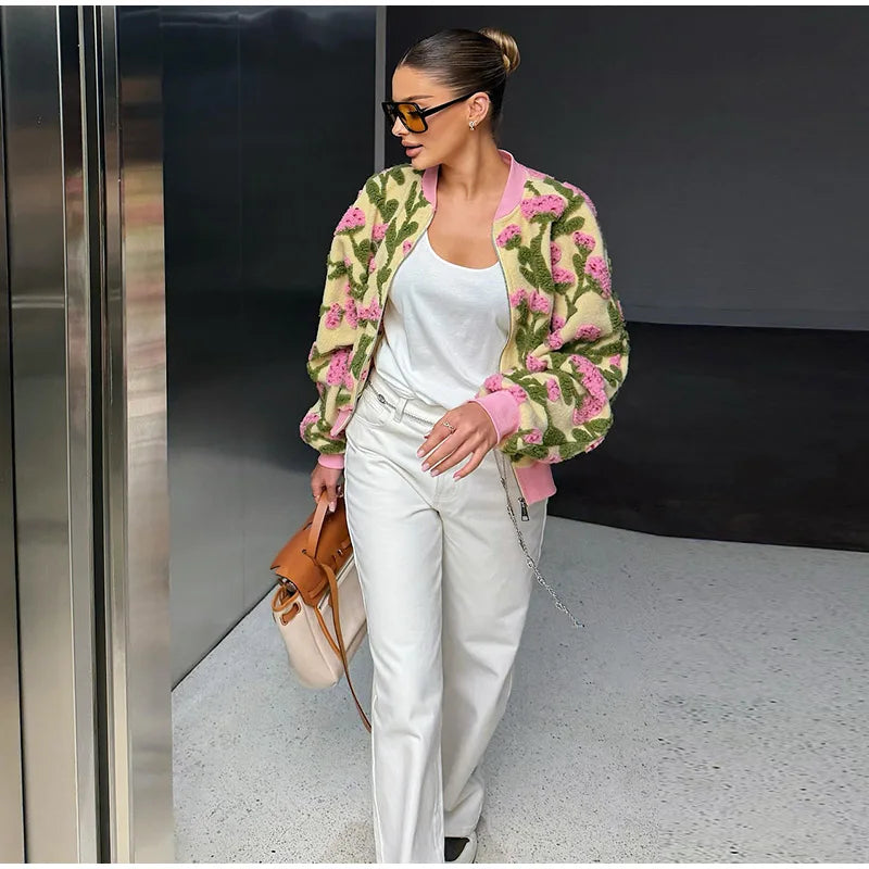 Casual Floral Print Bomber Jacket With Collar For Women