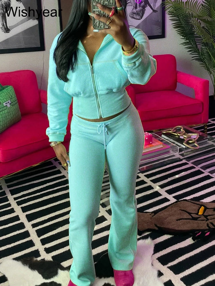 Waffle Knit Two Piece Flared Pants Tracksuit Set for Women