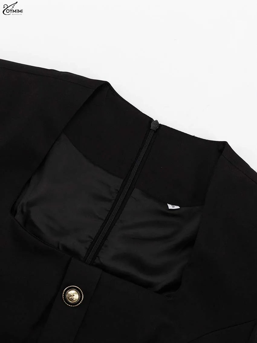 Oymimi Elegant Black Woman 2 Piece Set Outfit Fashion Square Neck Long Sleeve Button Shirts And Straight Ankle-Length Skirts Set