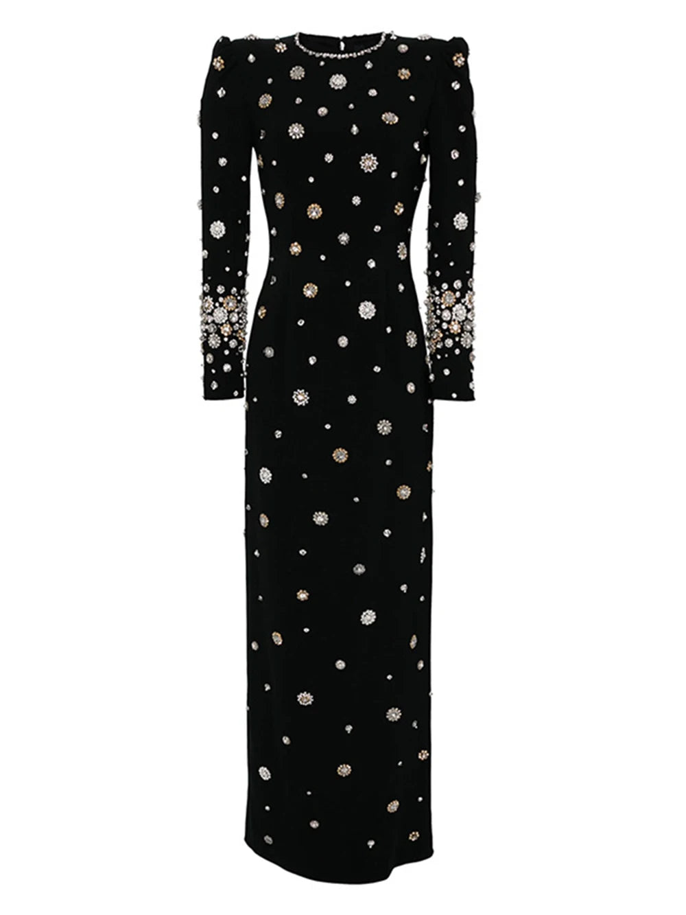 Modphy High-Quality Shiny Diamond Bead Slim Formal Maxi Dress Women'S Long Sleeved O-Neck Elegant Celebrity Evening Runway Gowns