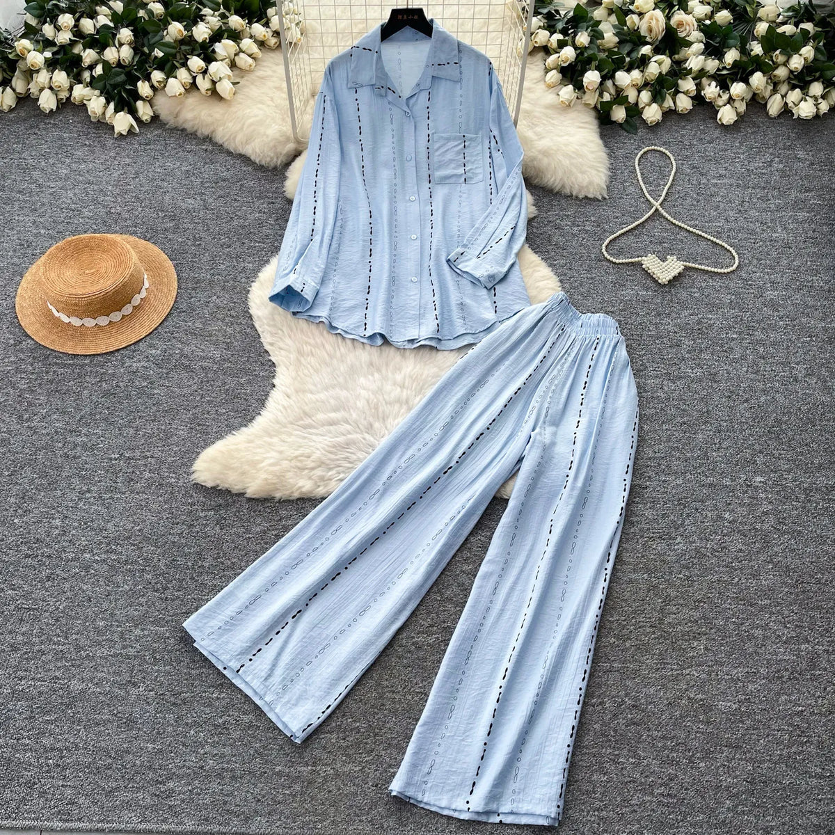 Collared Shirt and Wide Leg Pants Set