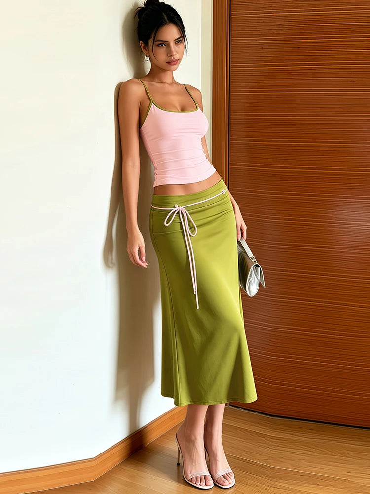 Color Blocking Backless Camisoles and Ribbon Long Skirts Two Piece Set for Women