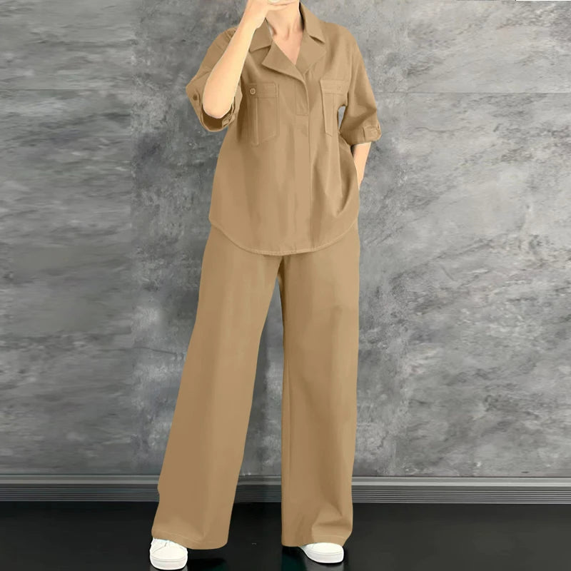 Loose Blouse And Wide Leg Pants Set