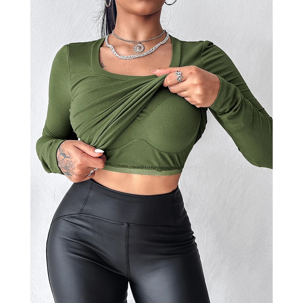 Autumn Spring Women U-Neck Built-in Bra Long Sleeve Ribbed Top Femme Skinny Casual Basic Easy Matching T-Shirts